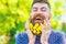 Barber concept. Man with beard and mustache on happy face, green background, defocused. Bearded man with dandelion