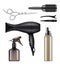 Barber shop. Hairdressing tools for hair stylist worker beauty dryer scissors machine for shaving vector realistic