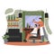 Barber shop interior. Professional barber shaving man beard and cutting his hair, flat vector illustration.