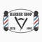 Barber Shop logo. Hairdressing salon template emblem with barber pole, straight razor and mustache. Vector.