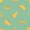 Barber shop tools vector seamless pattern background.Mint green yellow backdrop with scissors,shaving brush, comb, razor