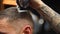 Barber woman cuts bearded man`s hair with a clipper in barbershop. Men`s hairstyling and hair cutting in salon. Grooming