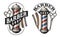 Barbershop emblem. Barber pole, scissors, shaving razor. Haircut and shave, male beauty salon logo. Vector illustration