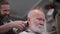 barbershop, joyful professional barber gives a haircut to a stylish elderly male customer in a mens salon