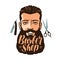 Barbershop logo or label. Portrait of happy man with beard, hipster. Lettering vector illustration