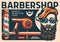 Barbershop retro poster, barber shop pole, shaver