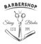 Barbershop scissors and razor blades, shiny blades, black and white poster, vintage emblem