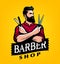 Barbershop signboard. Mens beauty salon emblem. Hairstylist, barber with beard and mustache vector illustration