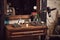 Barbershop tools on wooden brown table. Accessories for shaving and haircuts on the table.