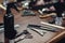 Barbershop tools on wooden table. Accessories for shaving and haircuts