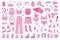 Barbicore set. Pink fashion set, pink doll aesthetic accessories, cosmetics and clothes. Vector illustration