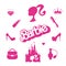 Barbie accessories collection. Editorial vector illustration in flat style. Pink trendy icons