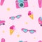 Barbiecore hot pink roller skates, cameras, eyeglasses and icecream vector seamless pattern Doll themed colorful