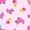 Barbiecore hot pink toy roller skates and icecream vector seamless pattern Doll themed colorful wallpaper background