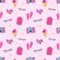 Barbiecore hot pink toy roller skates, suitcases, cameras, eyeglasses and icecream vector seamless pattern Doll themed