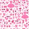 Barbiecore pink doll aesthetic seamless pattern. Glamorous trendy fashion accessories, clothes, handbags, sweet food