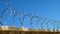 Barbwire closeup against a blue sky.