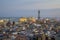 Barcelona - The city centre at dusk - look to the harbor with the cable railway tower