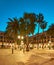 Barcelona at night, panoramic image of illuminated Plaza Real in in Gothic quarter of Barcelona, Catalonia, Spain