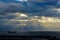 Barcelona Port at Dusk with Beautiful Sunshine Rays , Cargo Ship