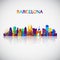 Barcelona skyline silhouette in colorful geometric style.