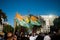 Barcelona, Spain - 10 august 2019: Kashmiri flags during protest and demonstratio against indian government revoke of autonomous