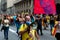 Barcelona, Spain - 14 october 2019: close up of old independentist protester marching  in laietana street against the prison