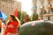 Barcelona, spain- 17 july 2019: young open arms african migrant march holding rubber dinghy and italian minister Salvini mask