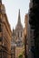 Barcelona, Spain - 26th October 2019: Barcelona Cathedral view, in the Gothic Quarter, Spain, with golden lights in the morning