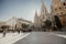 Barcelona, Spain - April, 2019: Barcelona Cathedral, located in Gothic Quarter in rainy morning