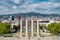 BARCELONA, SPAIN - April, 2019: The Four Columns, created by Josep Puig i Cadafalch, is on the place in front of Museu Nacional d