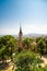 BARCELONA, SPAIN - April, 2019: View of the famous bench - serpentine seating on the main terrace of Park Guell, architectural