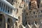 Barcelona, Spain, August 2016. Fragment of the angle of intersection of several facades of the Cathedral of La Sagrada Familia.