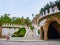 Barcelona, Spain - august 2019: architectural composition of upstairs, columns, and arches, long view. Tourists