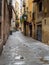 Barcelona, Spain - august 2019: empty narrow street, long view. Pavement with plashes between buildings. Green plants on