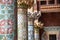 Barcelona, Spain - Colourful ornate columns on the exterior balcony of the Palau De La Musica, Barcelona, Spain