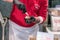 BARCELONA, SPAIN - March 13, 2019: A man is shucking a fresh oyster with knife in fish market