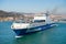 Barcelona, Spain - March 30, 2016: ferry ship Grimaldi Lines in sea. Ferry trip. Travelling by sea on ferry ship. Water