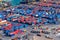 BARCELONA, SPAIN - MAY 11, 2018: Containers in the city port, aerial view. Barcelona is a major european port