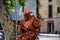 Barcelona, Spain â€“ 2019. Man dressed as cowboy gives live statue performance at famous La Rambla street
