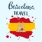 Barcelona travel lettering with Cathedral silhouette, rose, flag tourist design style template, brochure, invitation card. Vector