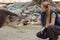 Barcelona, â€‹â€‹Spain, on May 2017 - Animal keeper at Barcelona Zoo taking care of the Amazonian tapir