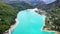 Barcis Lake in a panoramic aerial view from above during sunny day at Valcellina