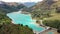 Barcis Lake in a panoramic aerial view from above during sunny day at Valcellina