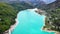 Barcis Lake in a panoramic aerial view from above during sunny day at Valcellina