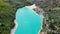 Barcis Lake in a panoramic aerial view from above during sunny day at Valcellina