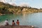 Barcis, Pordenone, Italy - August 12, 2018: people relax on the picturesque lakeside