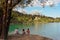 Barcis, Pordenone, Italy - August 12, 2018: people relax on the picturesque lakeside