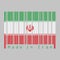 Barcode set the color of Iran flag, green white and red color with National Emblem and the Takbir written in the Kufic script