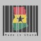 Barcode set the shape to Ghana map outline and the color of Ghana flag on black barcode with grey background